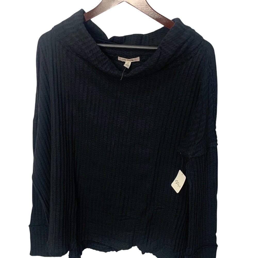 Free People We The Free Black Juicy Long Sleeve Thermal Waffle Knit Top S (T2)